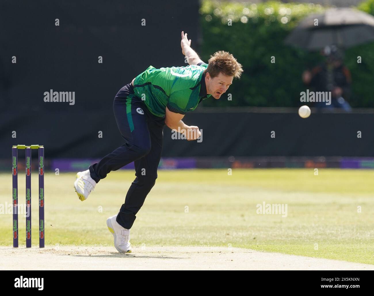 Ireland's Barry McCarthy bowling during the first T20 international at Castle Avenue Cricket Ground, Dublin. Picture date: Friday May 10, 2024. Stock Photo