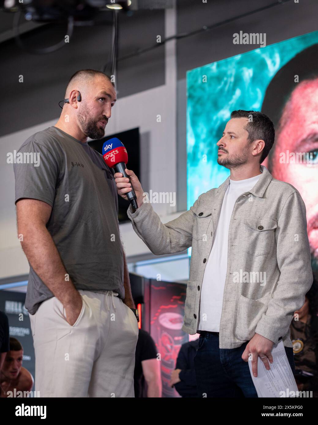 CARDIFF, UK. 10th May, 2024. Ninian Lounge, Cardiff City Stadium, Cardiff, Wales. Hughie Fury Interviewed by Andy Scott at the weighin ahead of his fight on the Lauren Price MBE v Jessica McCaskill for the WBA, IBO & Ring Magazine World Welterweight Title on Saturday 11th May 2024 at Utilita Arena, Cardiff 2024 Stock Photo