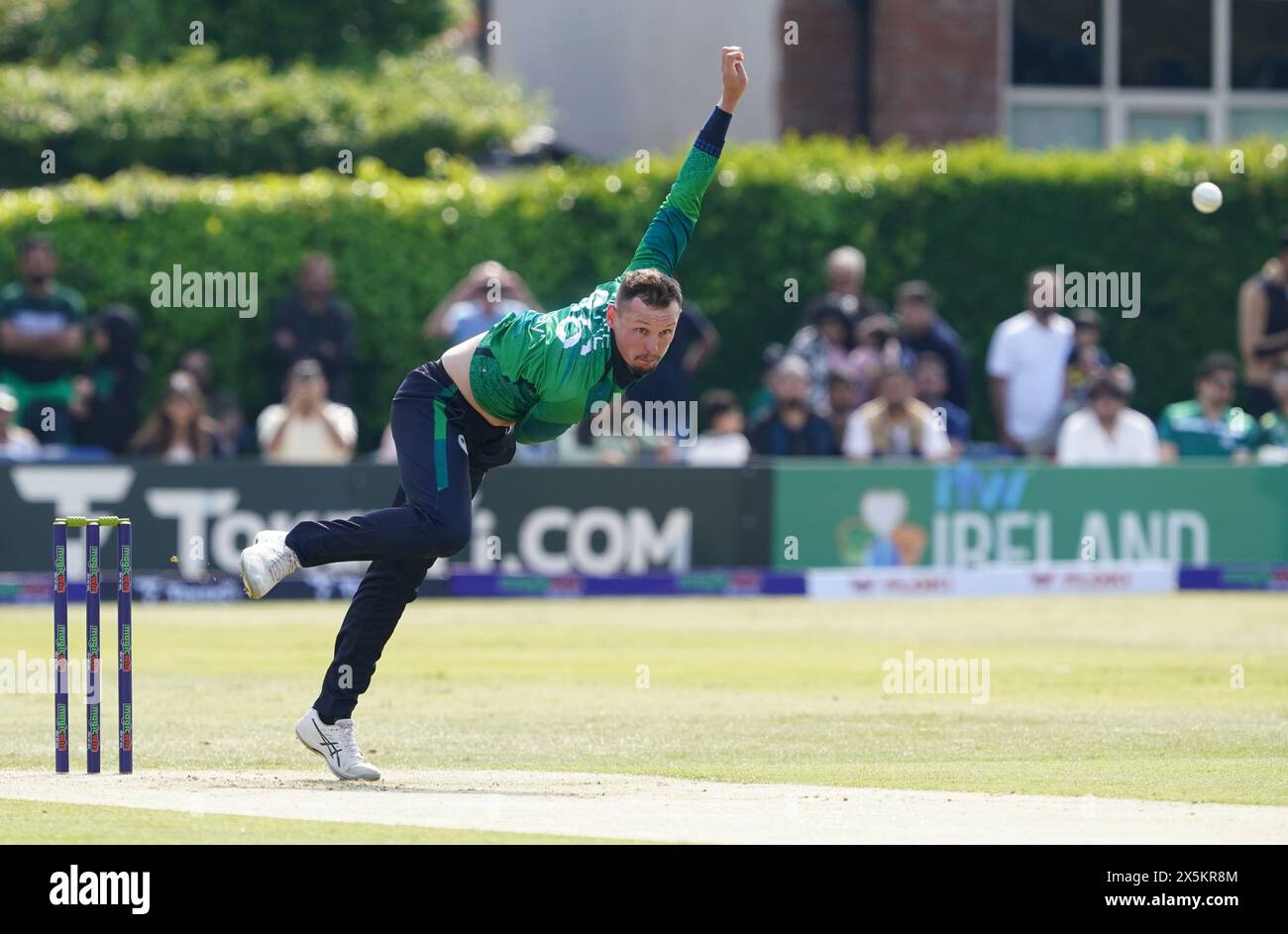 Ireland's Ben White bowling during the first T20 international at Castle Avenue Cricket Ground, Dublin. Picture date: Friday May 10, 2024. Stock Photo