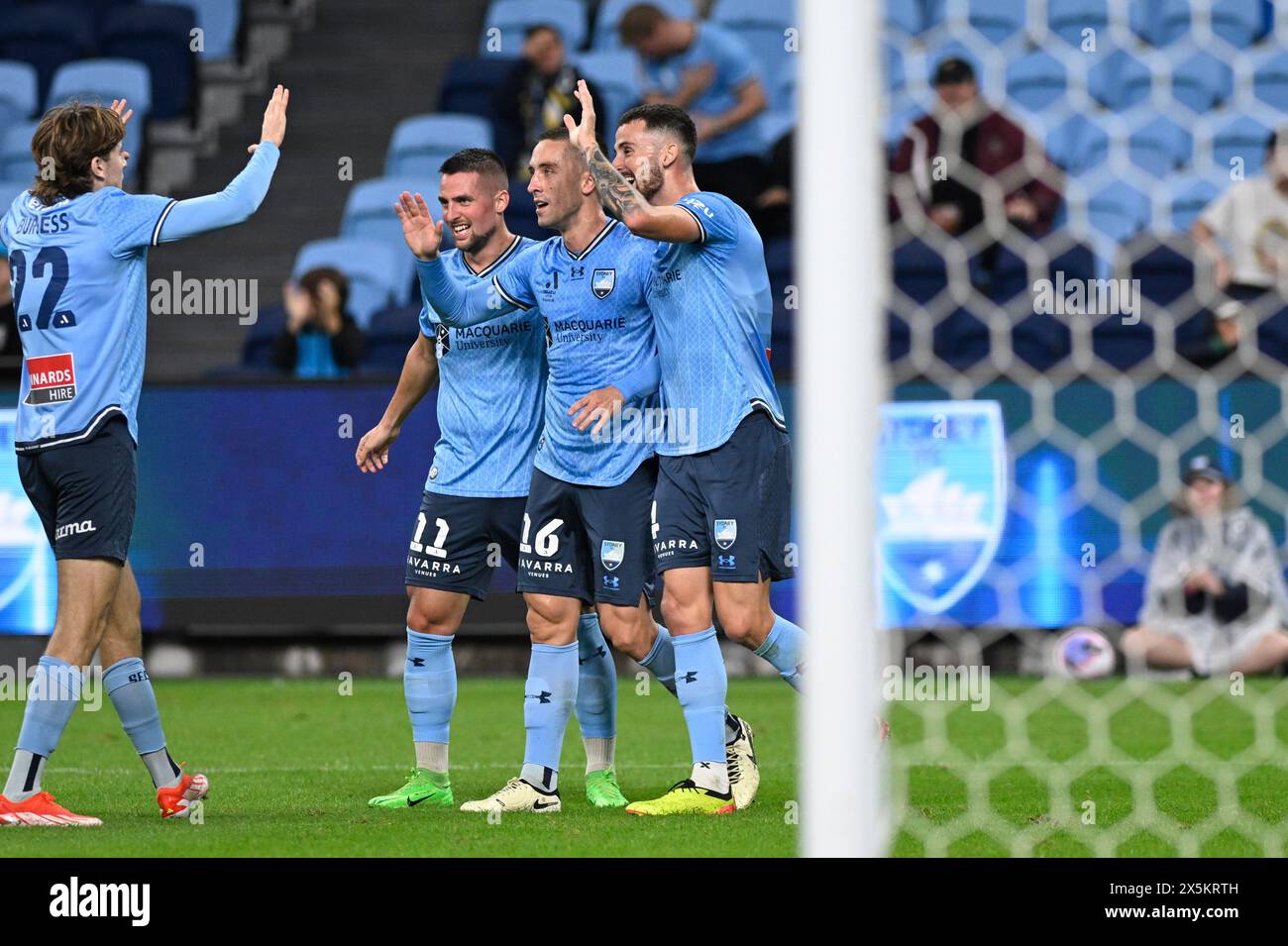 10th May 2024;  Allianz Stadium, Sydney, NSW, Australia: A-League Football,  Finals Series, Semi Final, First Leg, Sydney FC versus Central Coast Mariners; Joel King of Sydney FC is congratulated by team mates after scoring in the 25th minute to make it 1-0 Stock Photo
