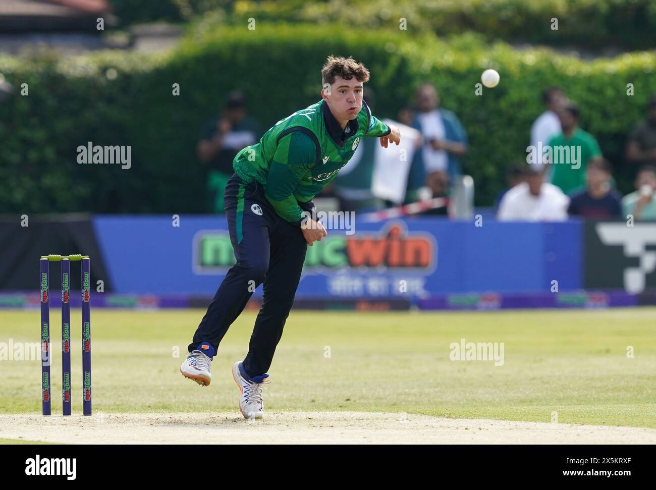 Ireland's Gareth Delany bowling during the first T20 international at Castle Avenue Cricket Ground, Dublin. Picture date: Friday May 10, 2024. Stock Photo