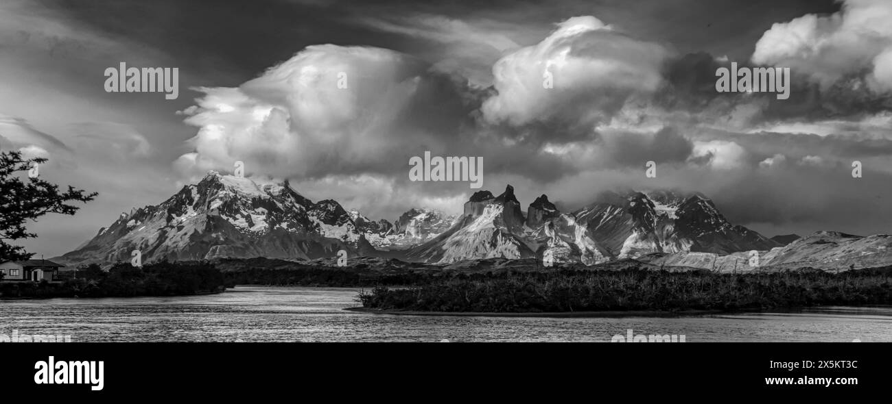 Chile, Torres del Paine National Park. Black and white panoramic with lake and Cerro Paine Grande mountains. Stock Photo