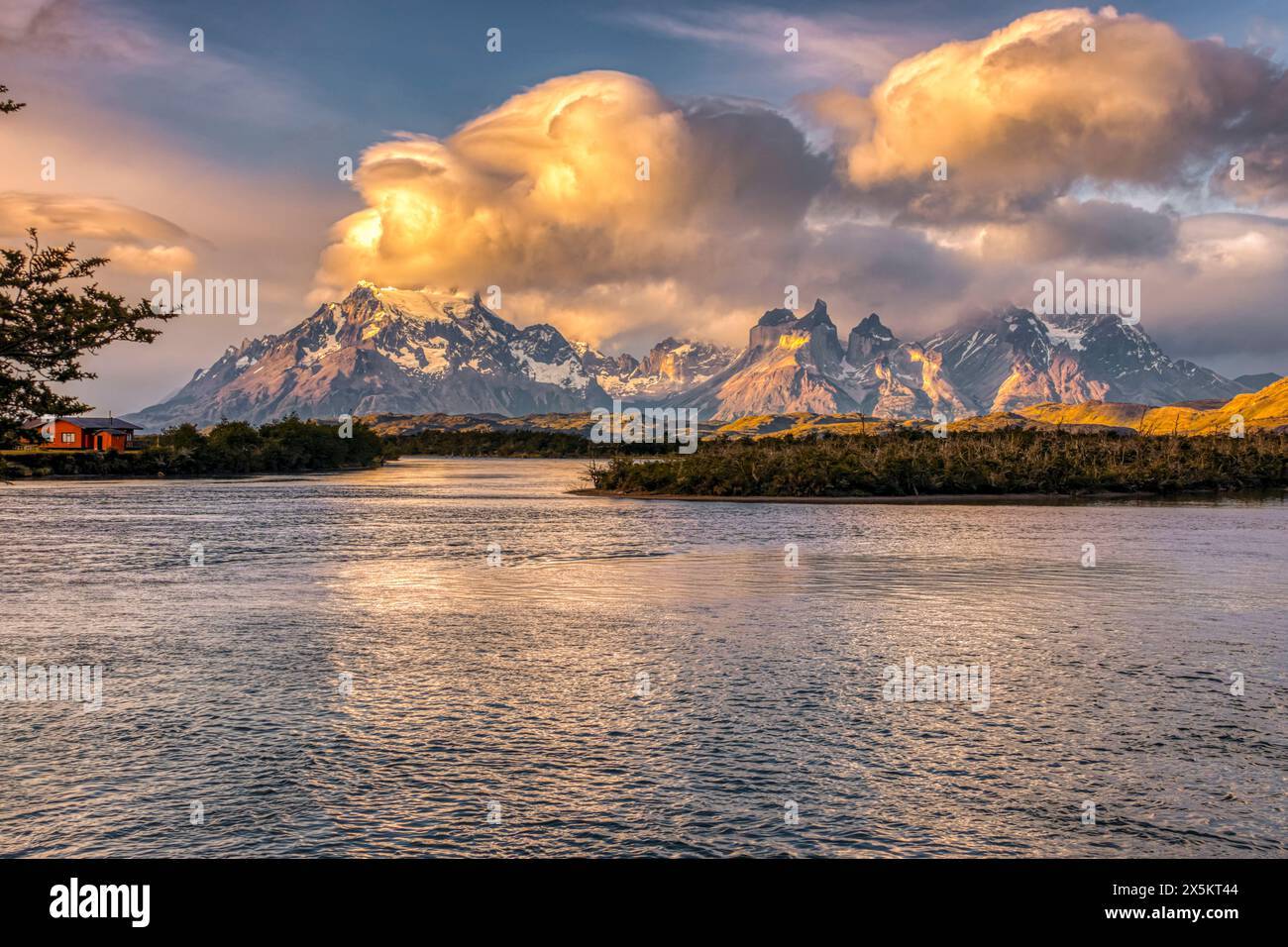 Chile, Torres del Paine National Park. landscape with lake and Cerro Paine Grande mountains. Stock Photo