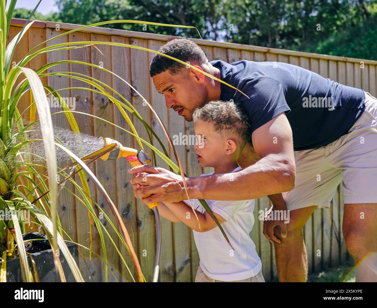 Father son watering plant in hi-res stock photography and images - Alamy