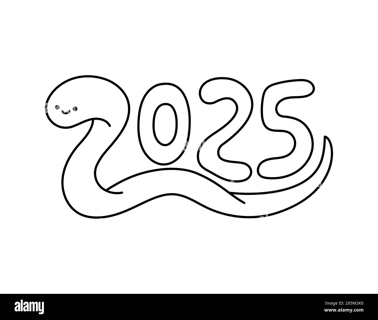 Snake 2025 year symbol. Cute cartoon outline snake smiling. Adorable doodle character. Vector
