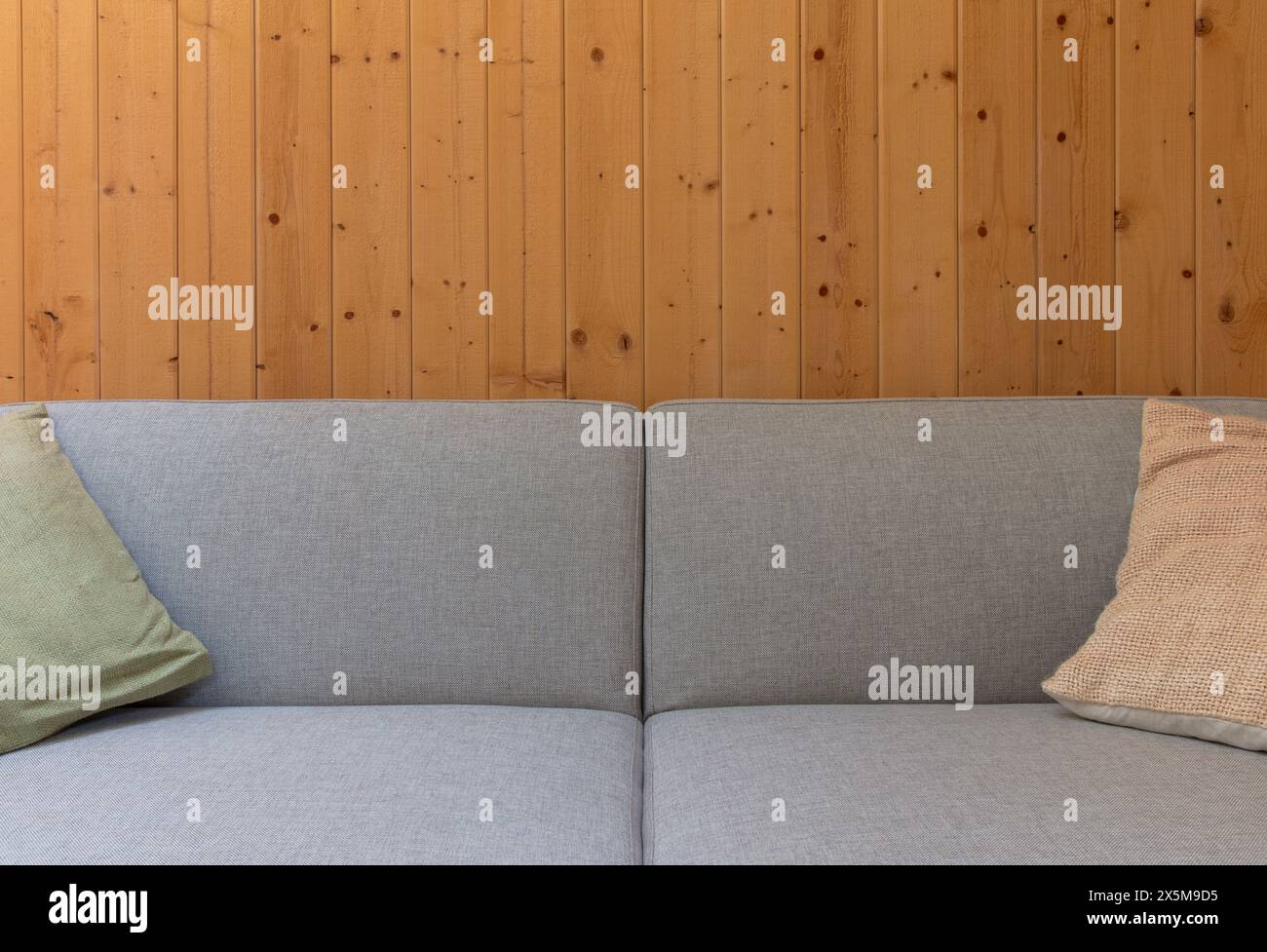 Detail of modern couch against wood panel wall Stock Photo
