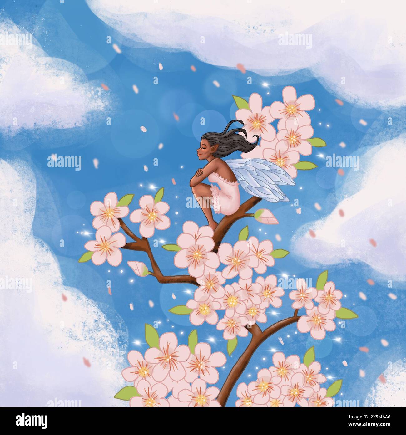 Fairy sitting on top of blooming tree, illustration Stock Photo - Alamy