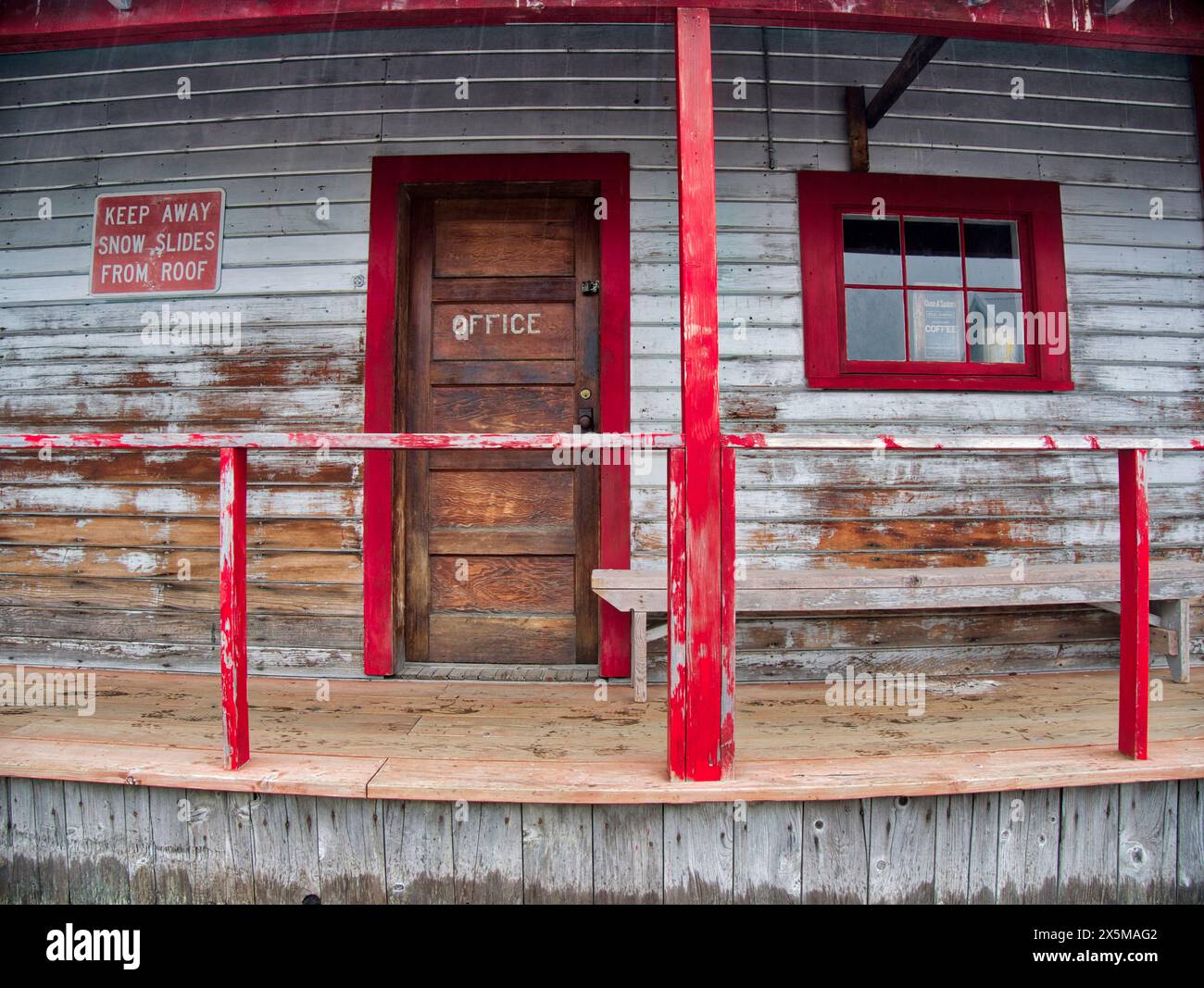 USA, Alaska. Porch of a building at the Independence Mine State Historical Park listed on the National Register of Historic Places, a former gold mini Stock Photo