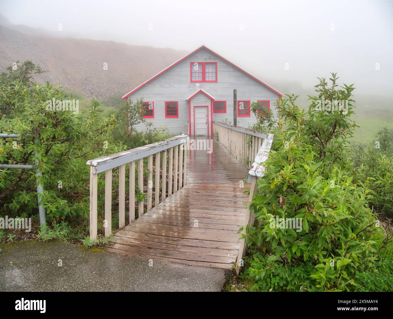 USA, Alaska. Rainy foggy morning at Independence Mine State Historical Park listed on the National Register of Historic Places, a former gold mining o Stock Photo