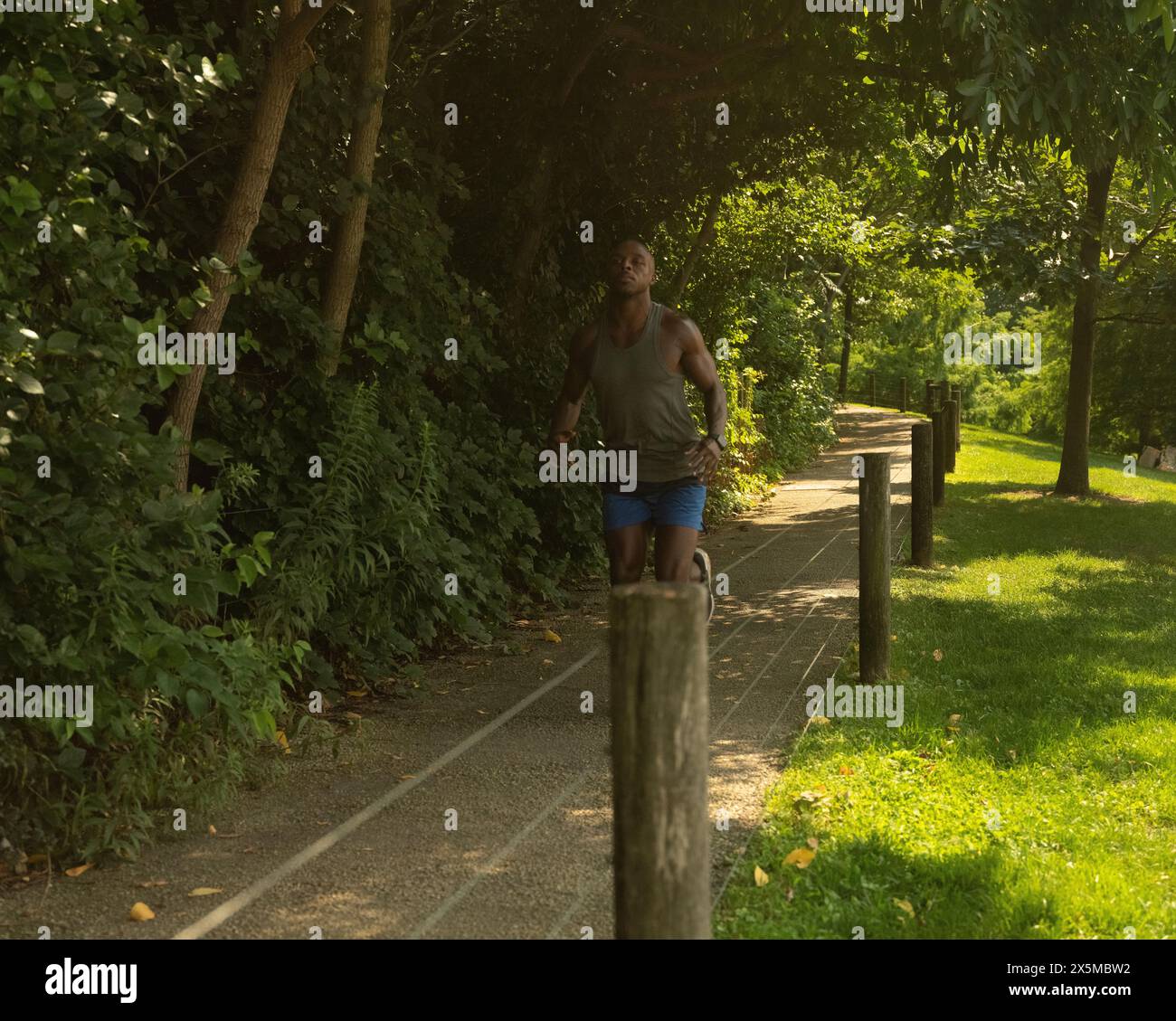 Athletic man jogging in park Stock Photo