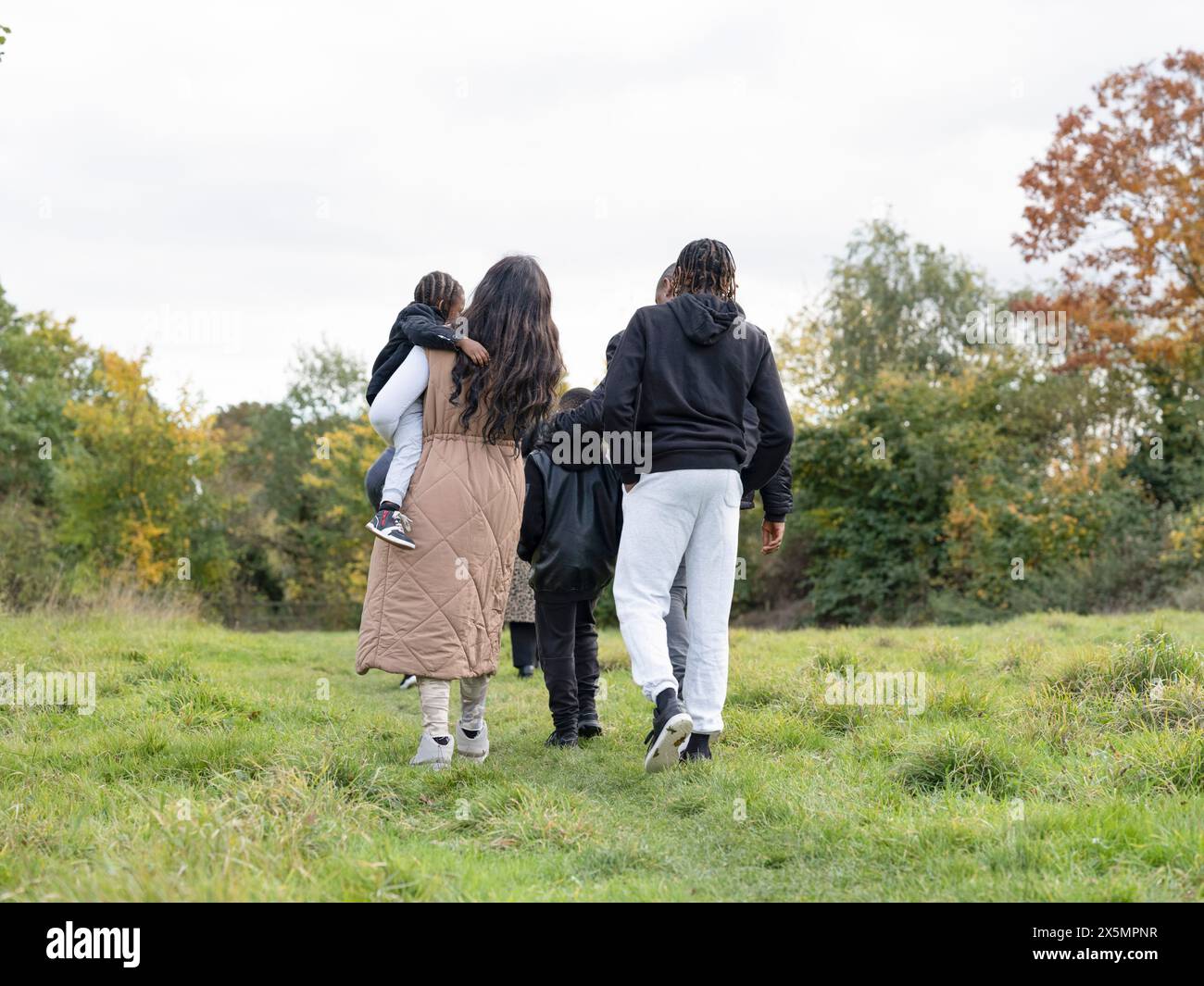 Rear view of family walking in meadow Stock Photo - Alamy