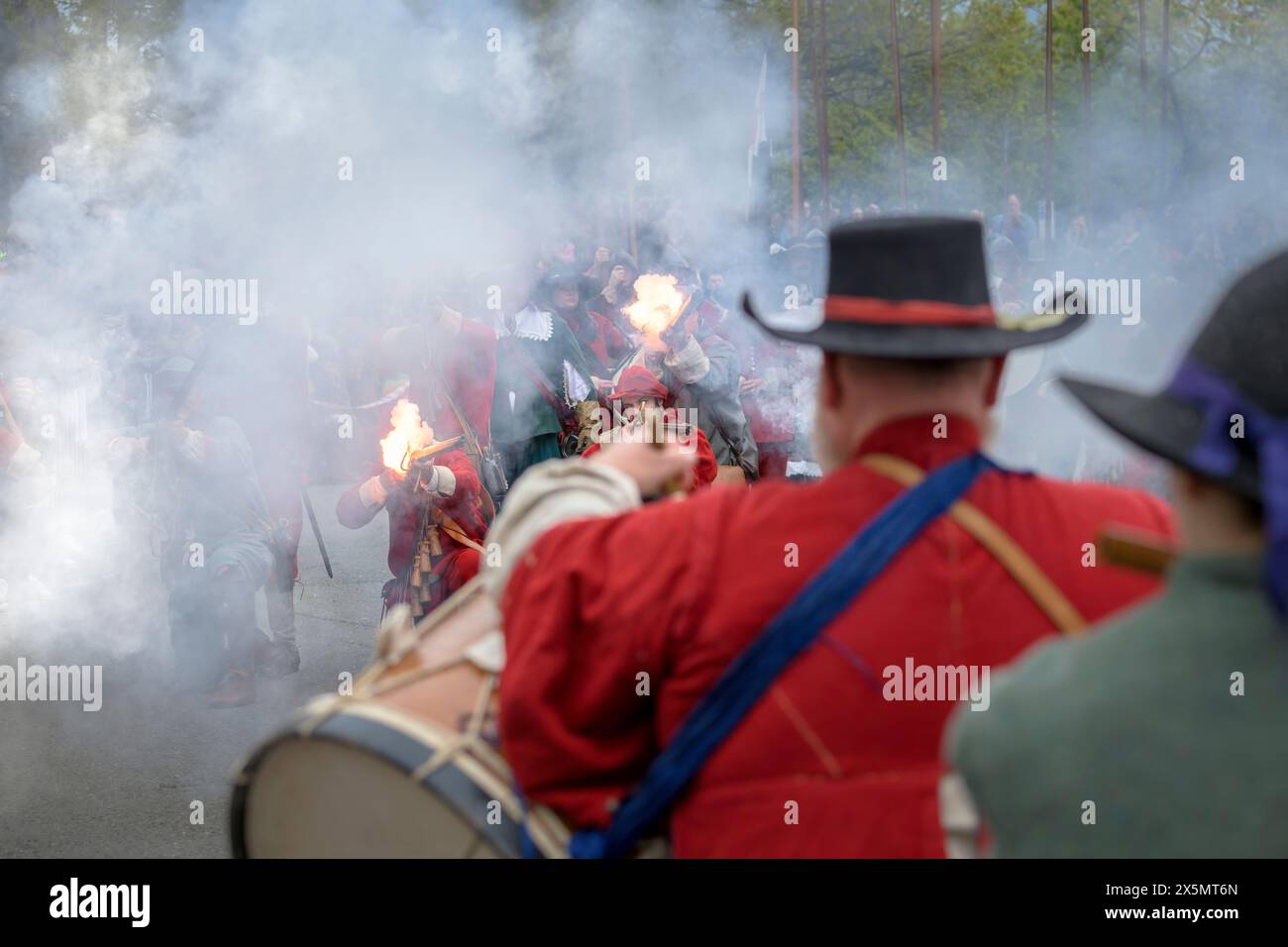 Malmesbury, Wiltshire, England - Sunday 5th May 2024. The 'Colonel Devereuxs Regiment' come to the hillside town of Malmesbury to re-enact the importa Stock Photo