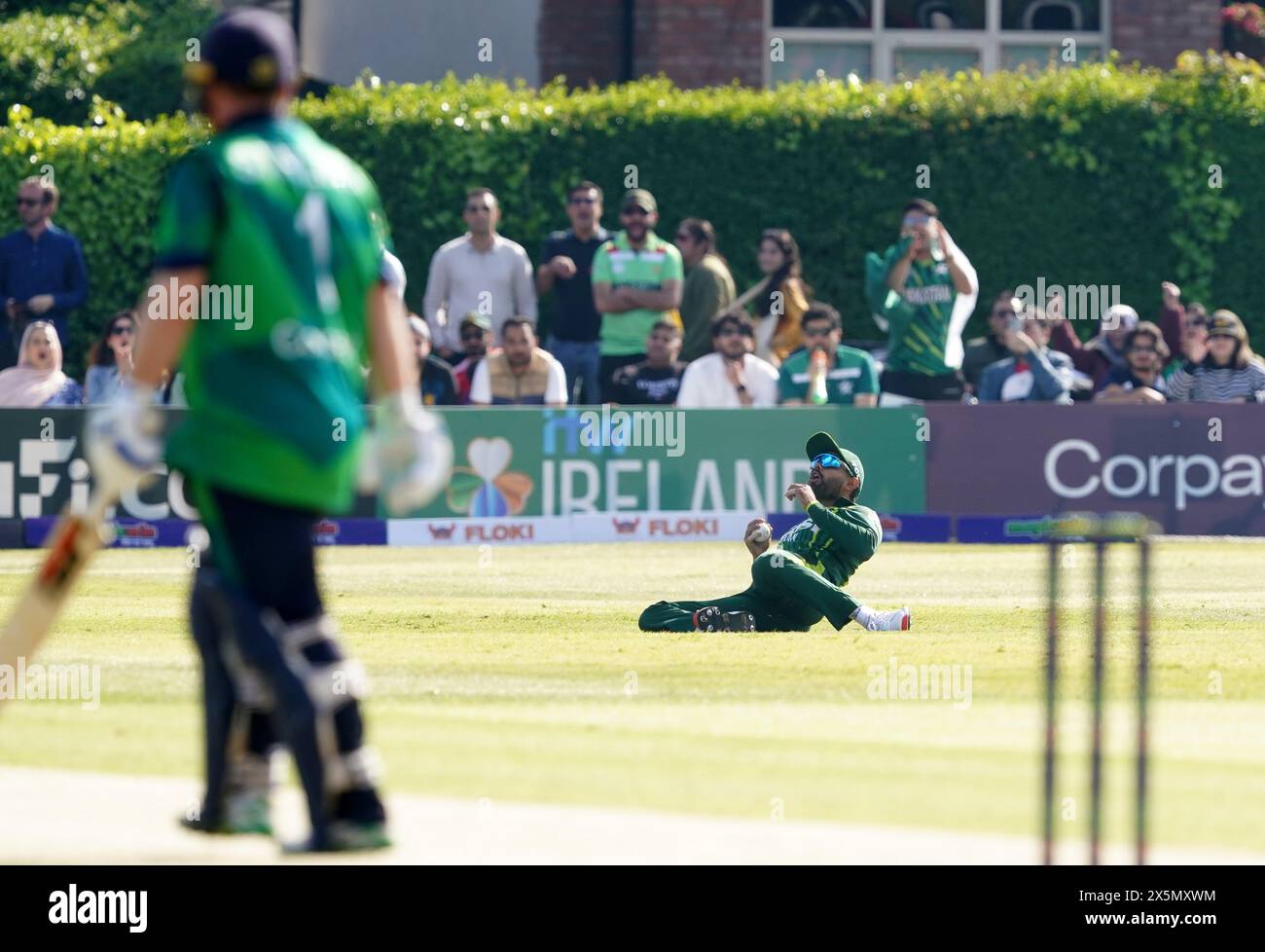 Pakistan's Babar Azam catches out Ireland's Paul Stirling during the first T20 international at Castle Avenue Cricket Ground, Dublin. Picture date: Friday May 10, 2024. Stock Photo
