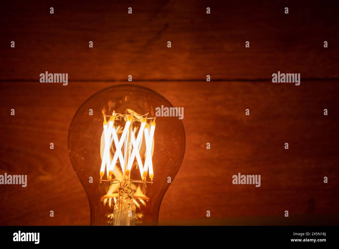 A60 E27 Edison light bulb, also known as filament light bulb on wooden