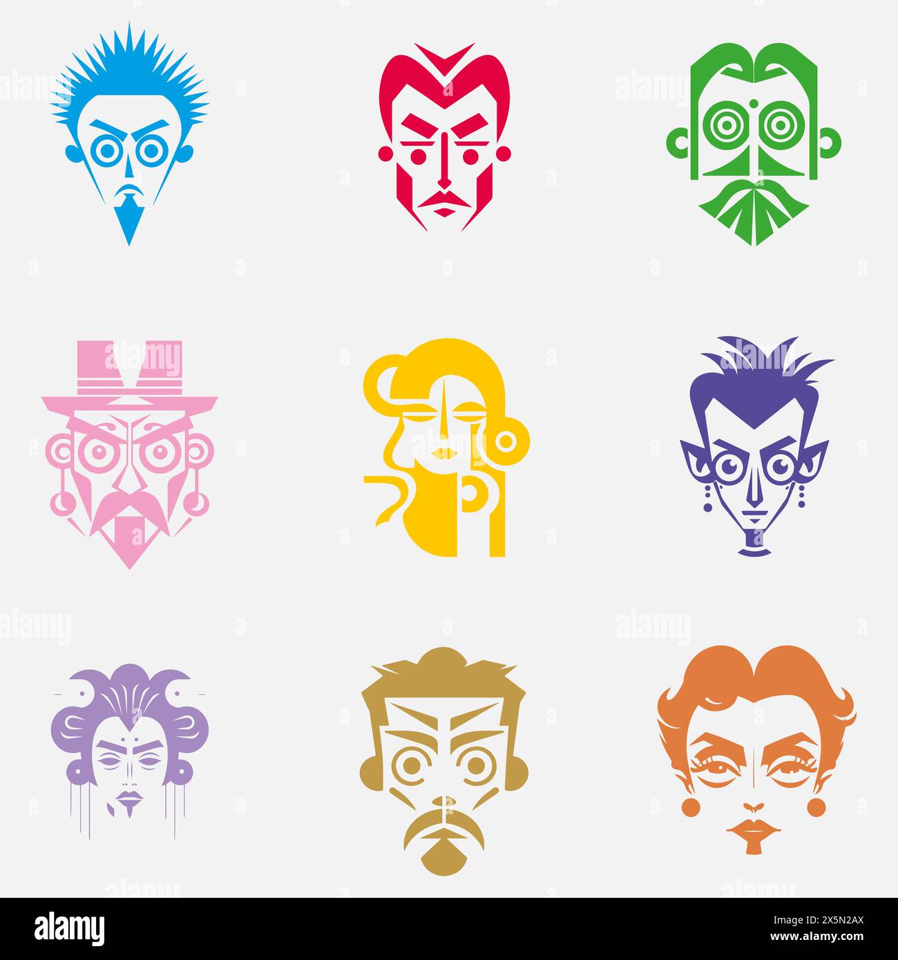 A set of faces, avatars with different colors and styles. The faces are all unique, with some having more detail than others. Game, NFT avatars. Stock Vector