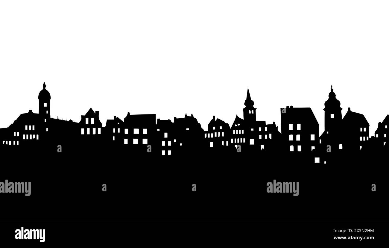 Black silhouette town isolated white vector illustration. House background building design and abstract landscape outline with roof. Urban street hori Stock Vector