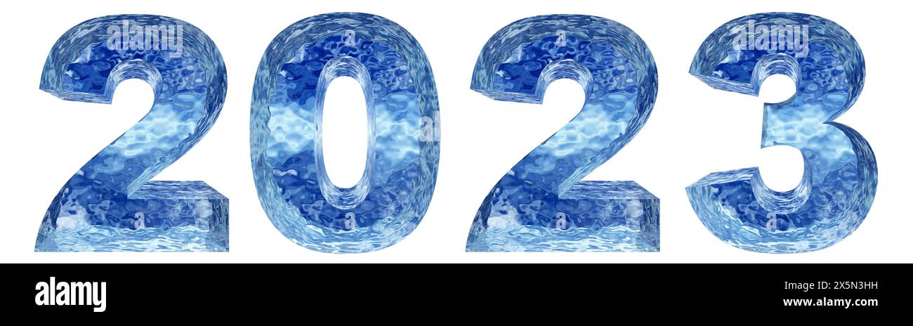 Concept or conceptual 2023 year made of  blue ice font isolated on white background. An abstract 3D illustration as a  metaphor for future, celebratio Stock Photo