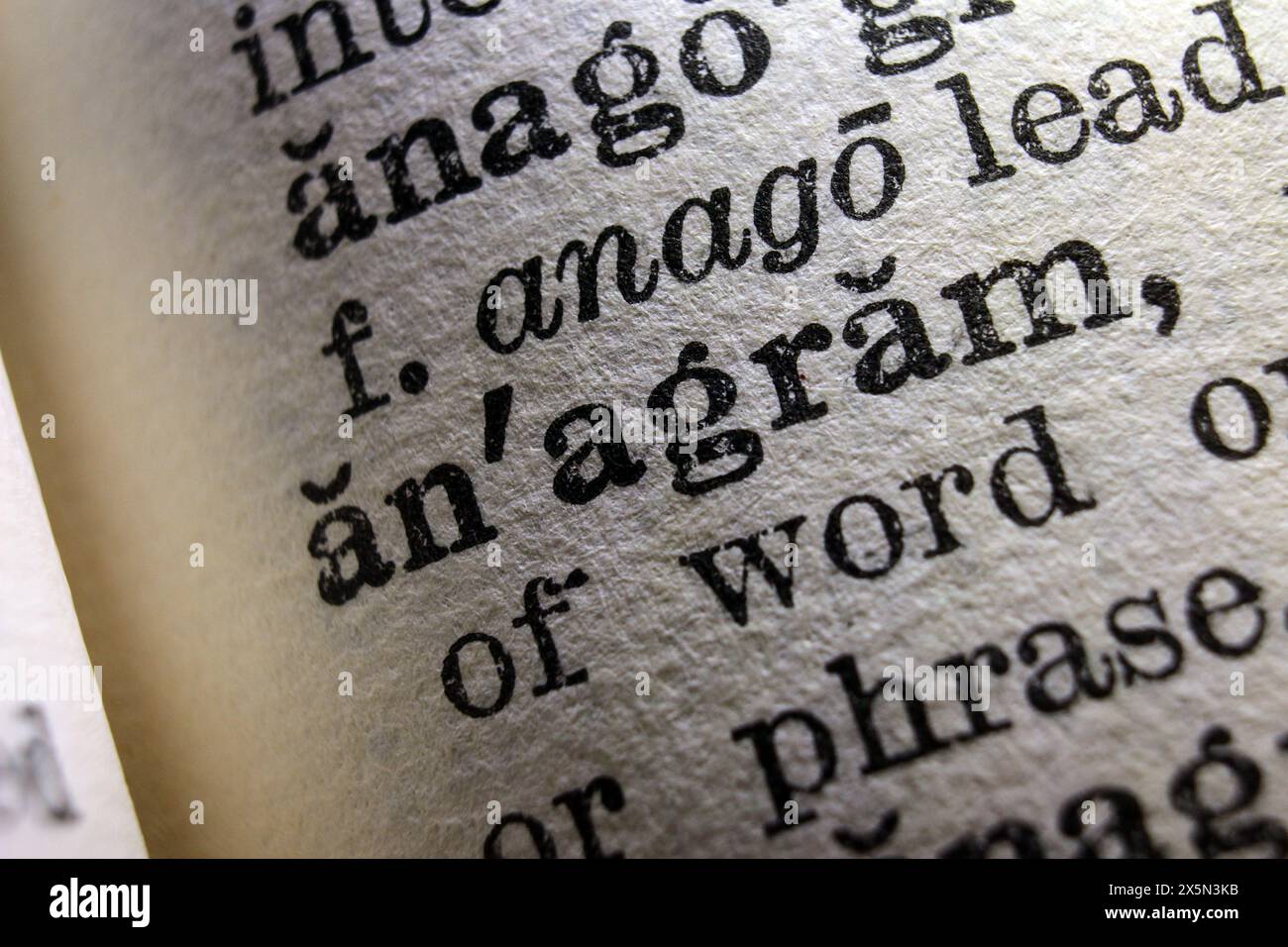 Word anagram on dictionary page, macro close-up Stock Photo