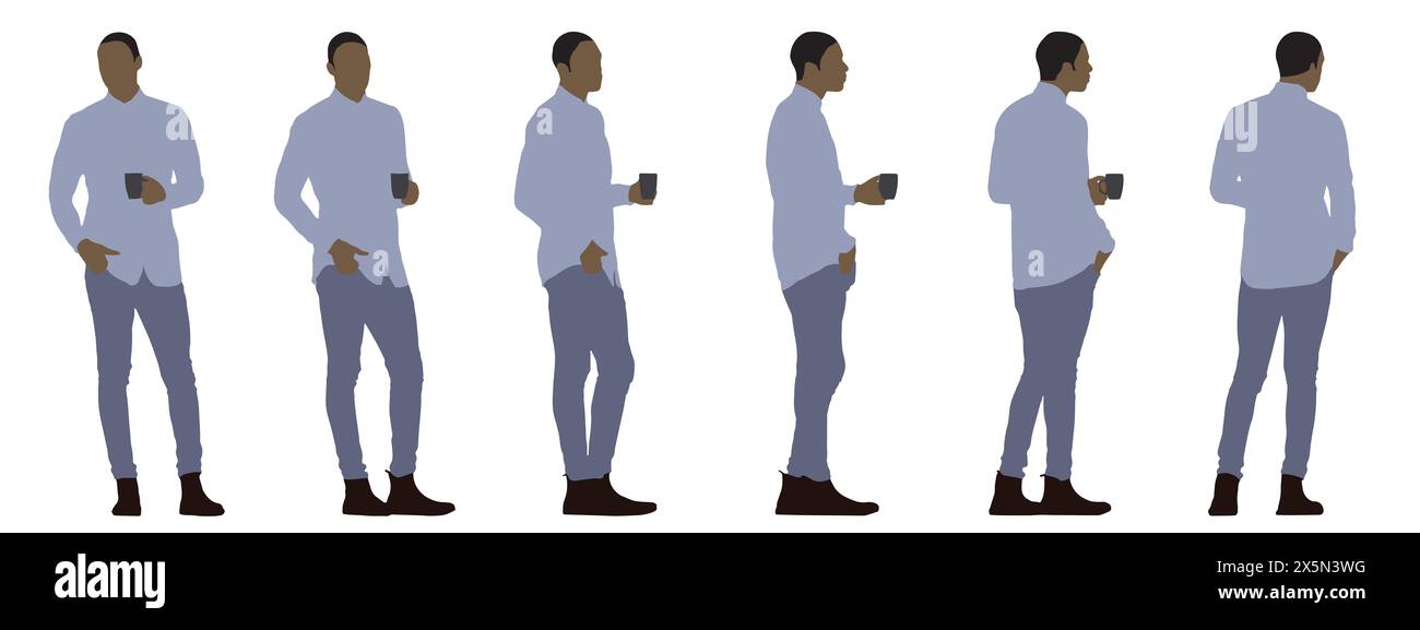 Concept conceptual  silhouette of a casually dressed men holding a cup in hand from different perspectives isolated on white.3 Stock Photo