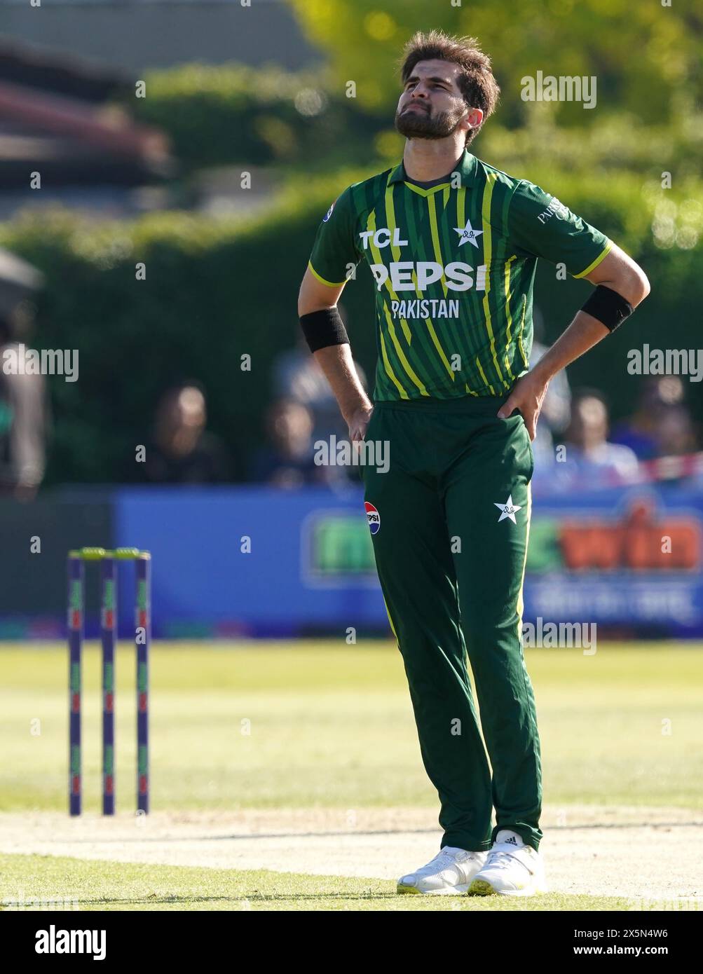Pakistan's Shahin Shah Afridi reacts during the first T20 international at Castle Avenue Cricket Ground, Dublin. Picture date: Friday May 10, 2024. Stock Photo
