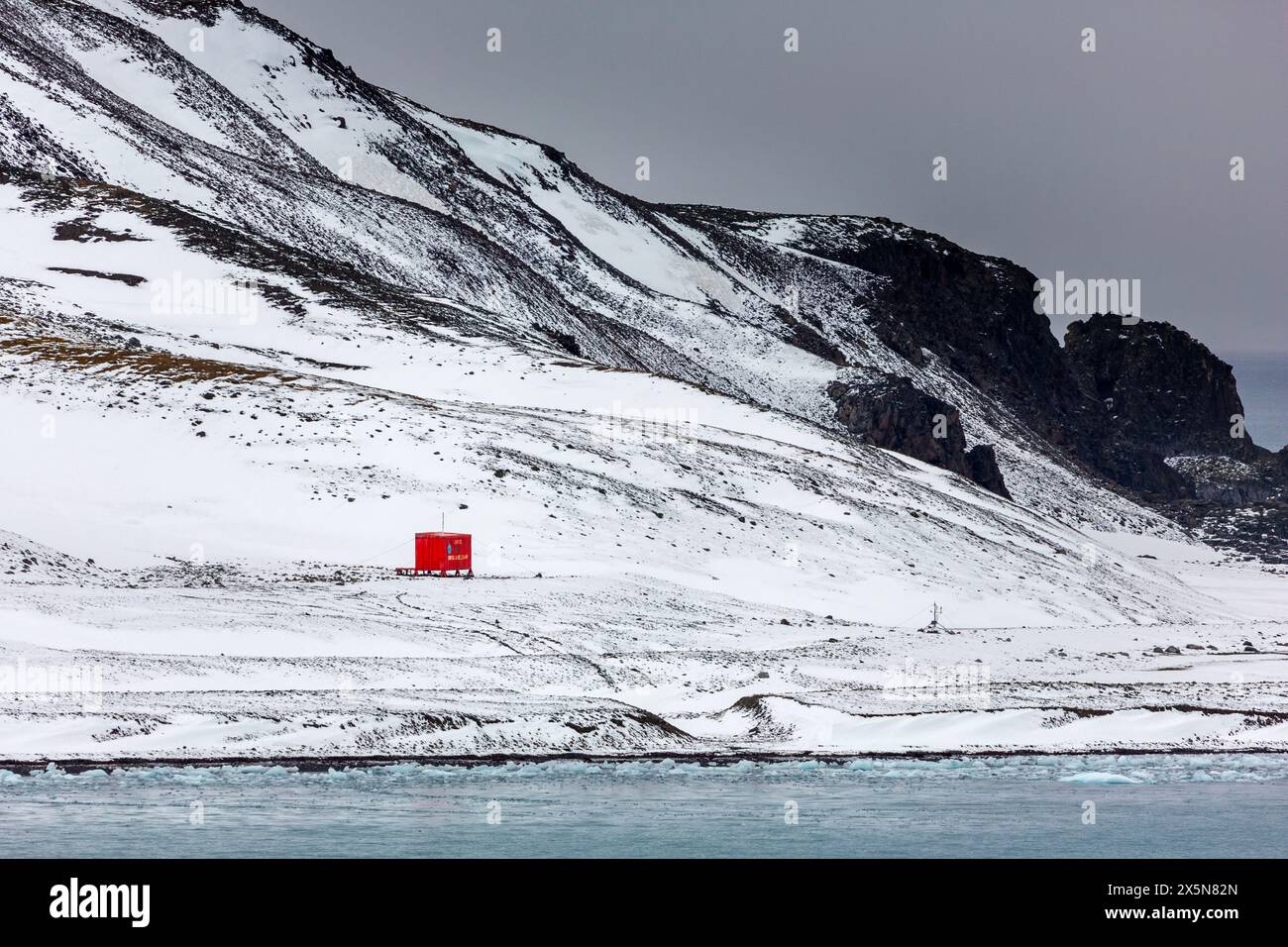 Ecuadorian summer hut, Admiralty Bay, King George Island, South Shetland Islands, Antarctic Peninsula, Antarctica Stock Photo