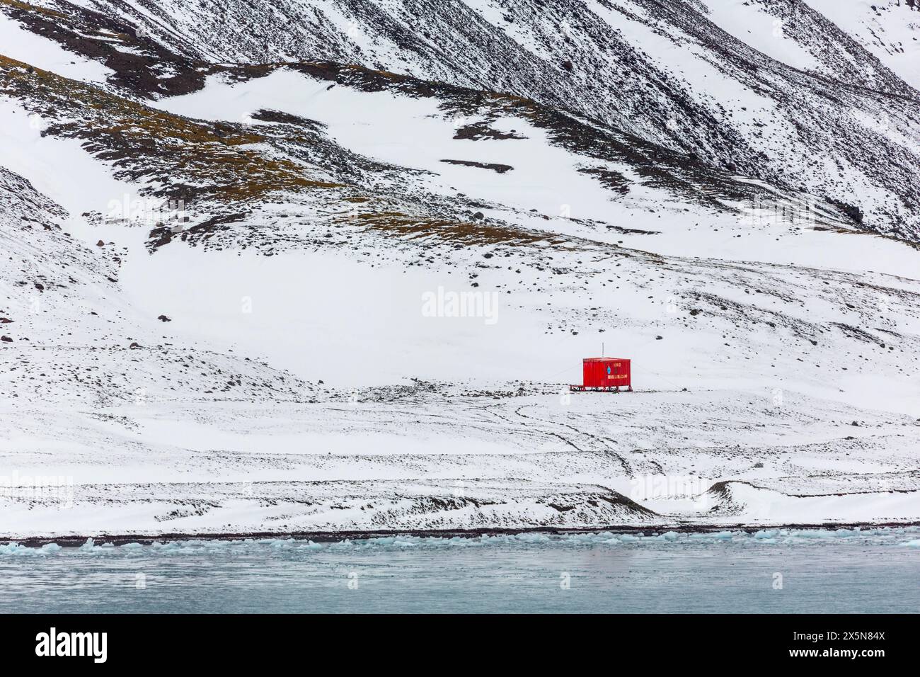 Ecuadorian summer hut, Admiralty Bay, King George Island, South Shetland Islands, Antarctic Peninsula, Antarctica Stock Photo