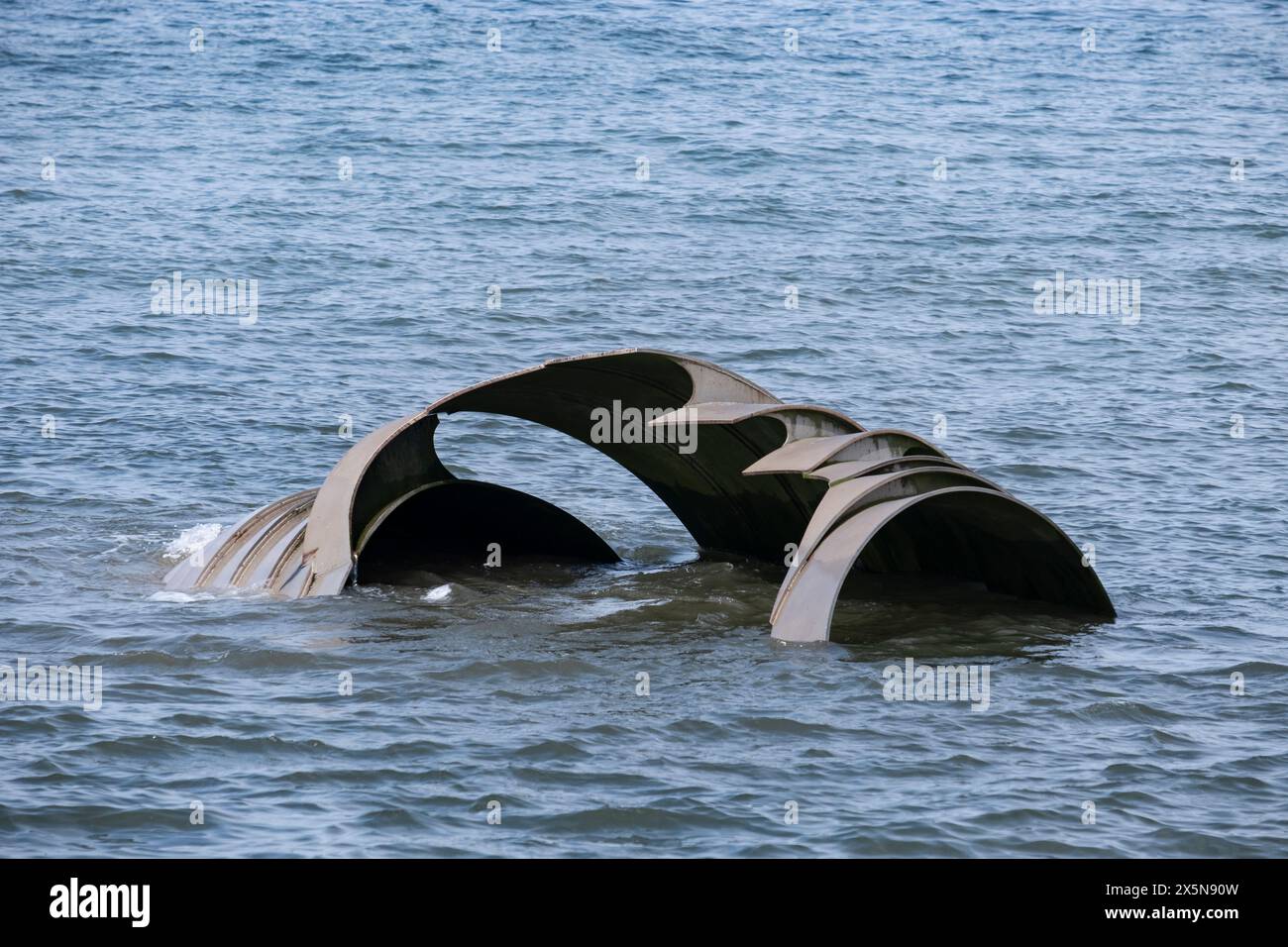 The Mary's Shell art installation in the Irish Sea at Cleveleys, Lancashire, England as part of the Mystic Coast Art Trail. Stock Photo