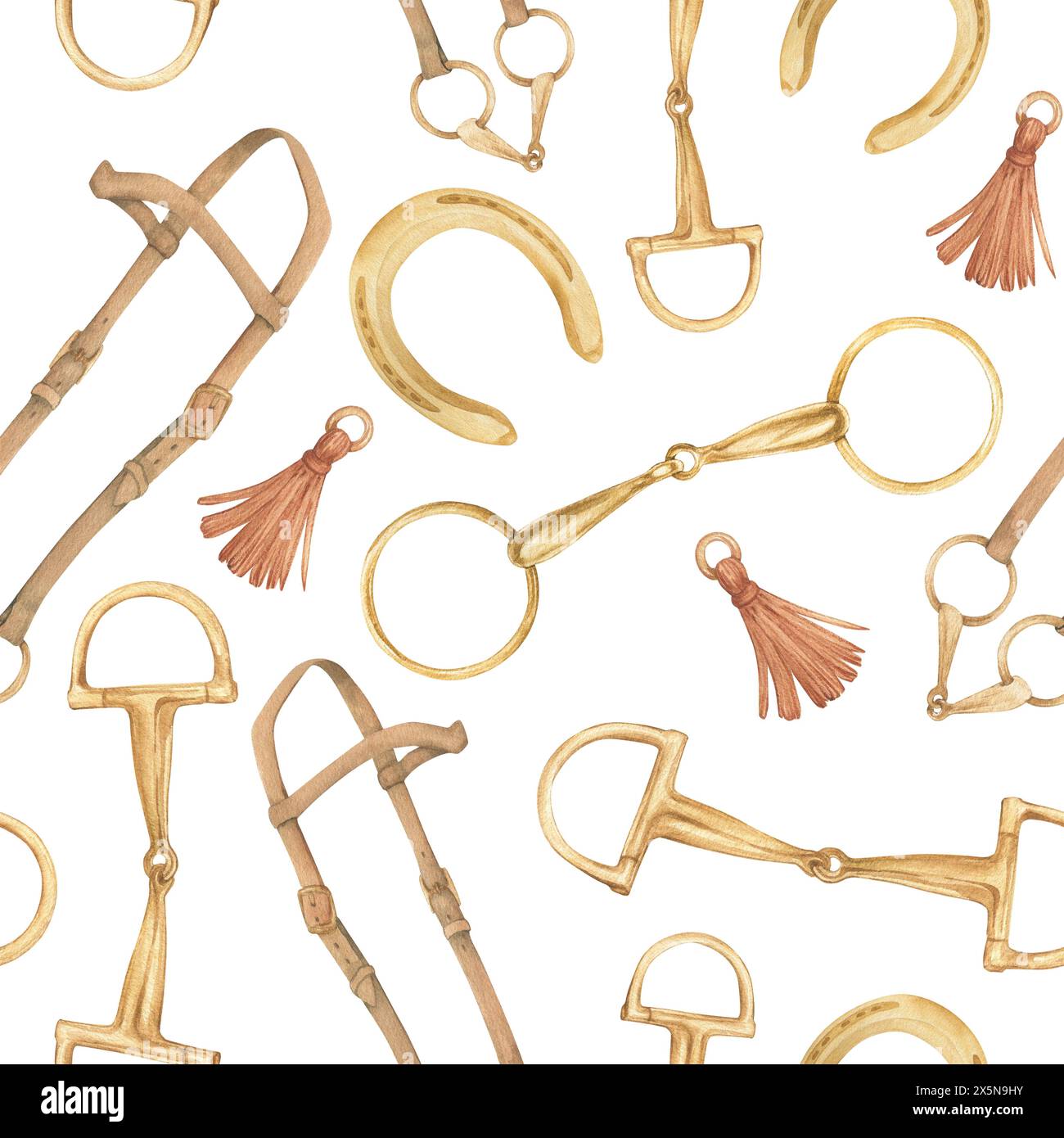 Seamless pattern with watercolor illustration of golden snaffle, bridle, horseshoes, bit with D-Ring and circle rings. Equipment for horse riding set Stock Photo