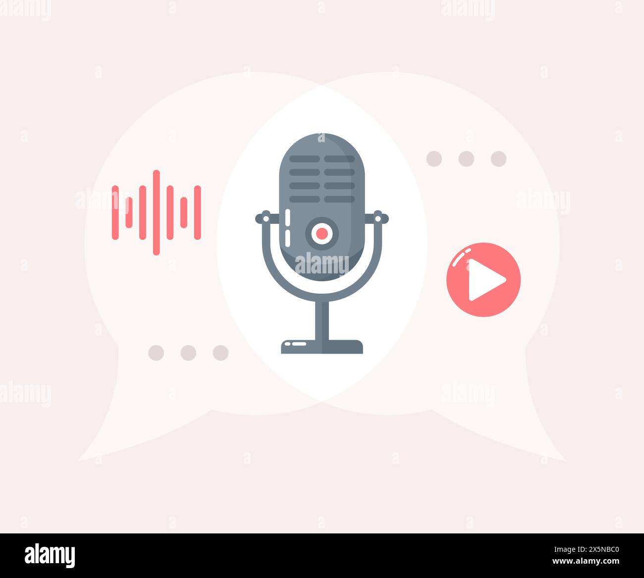 Microphone and sound icons inside speech bubbles, podcast concept. Flat vector illustration Stock Vector