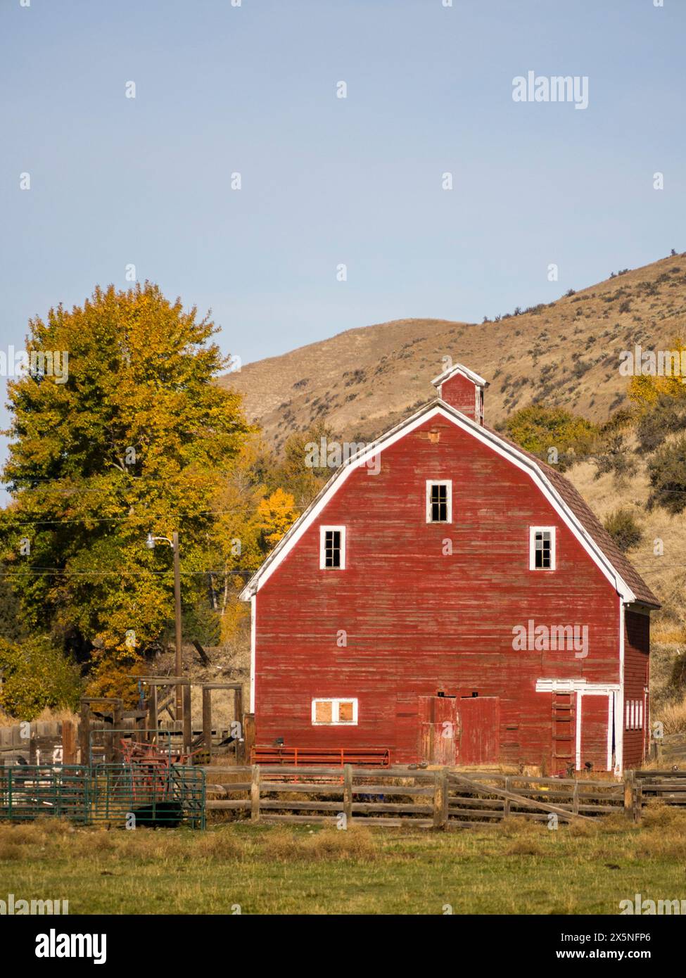 USA, Washington State, Kittitas County. Red barn on a country homestead ...