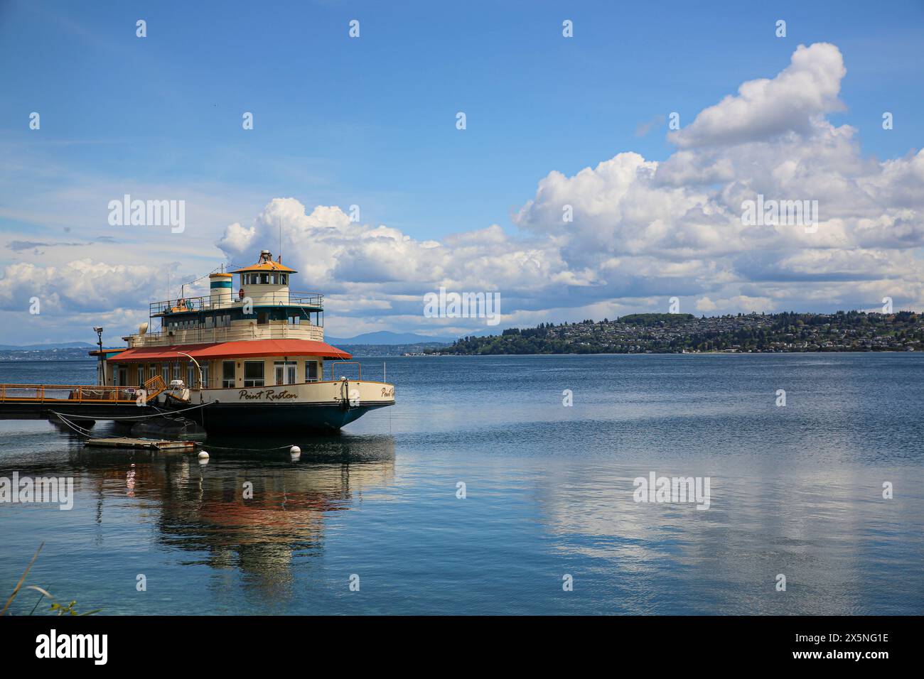 Tacoma, Washington State. Point Ruston Ferry docked on a sunny Commencement Bay day Stock Photo