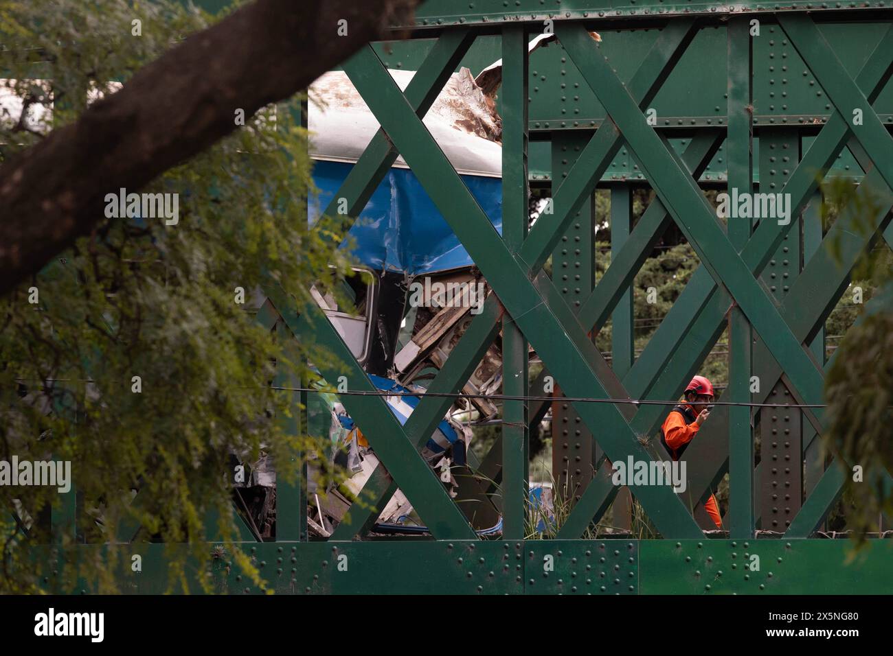 Buenos Aires. 10th May, 2024. An aerial photo taken on May 10, 2024 shows  the scene of a train accident on a bridge in Buenos Aires, Argentina. At  least 30 people were