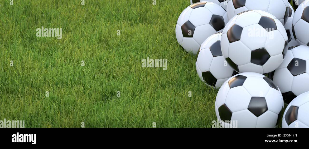 Several classic soccer balls on a lawn. 3d render. Copy space, web banner format. Stock Photo