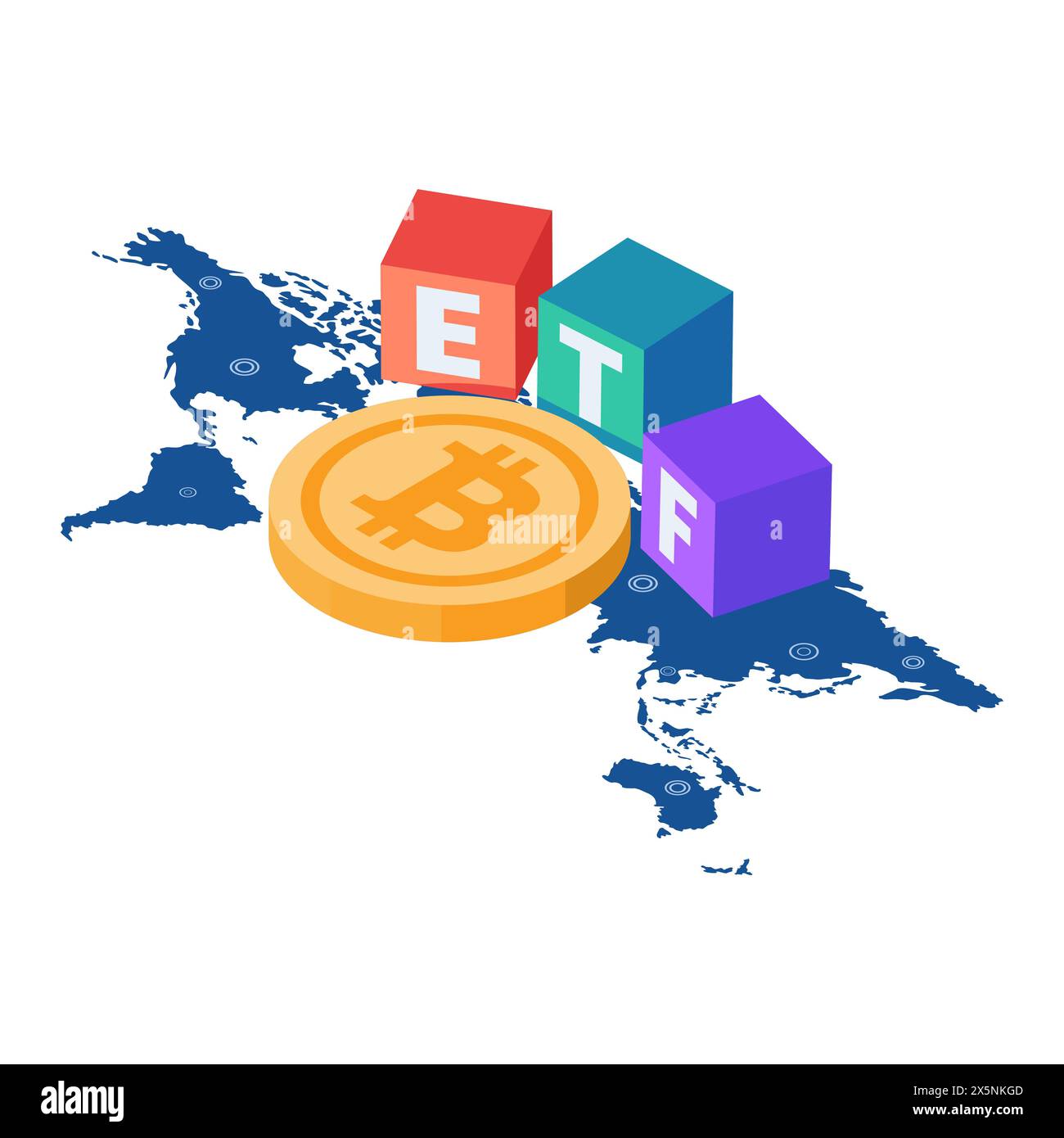 Flat 3d Isometric Bitcoin ETF on World Map. Bitcoin ETF Exchange traded fund Approval Concept. Stock Vector