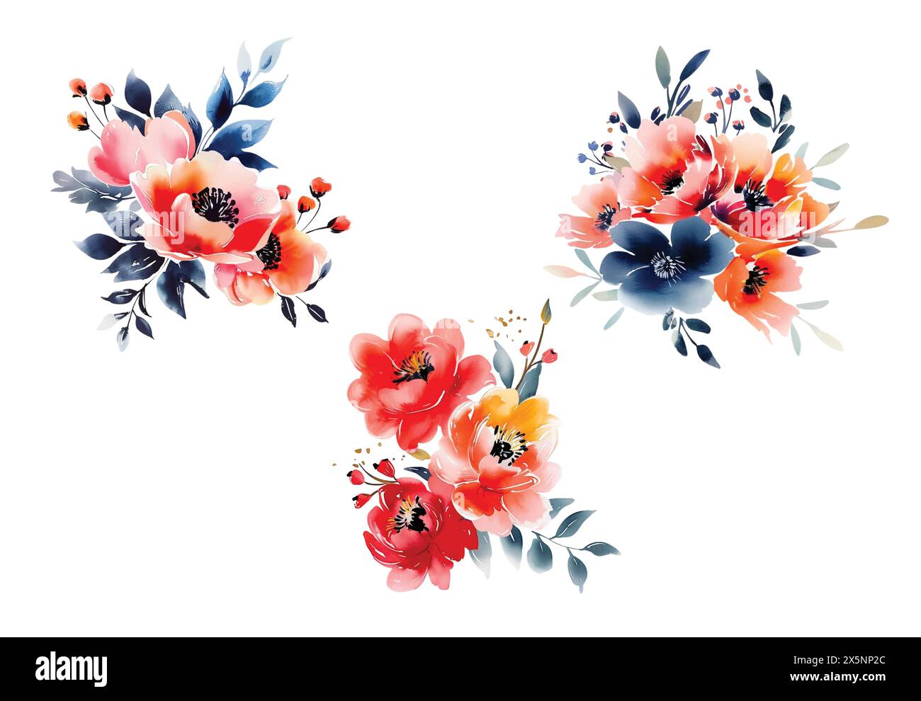 Watercolor flowers bouquets isolated on white background. Stylish fall ...
