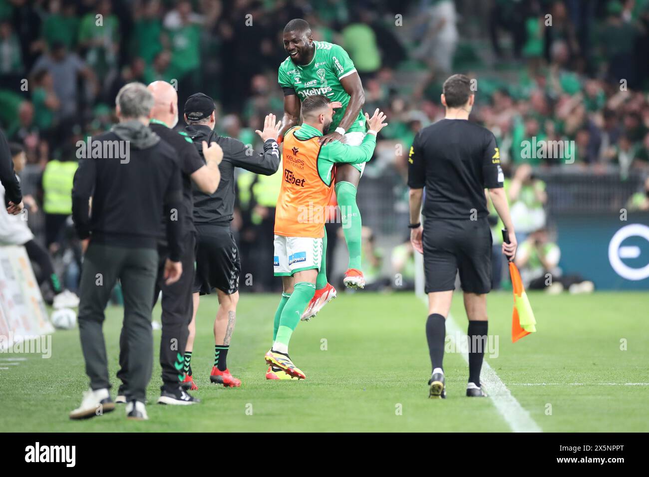 Stade Geoffroy Guichard, Saint-Etienne, France. 10th May, 2024. French League 2 football, AS Saint-Etienne versus Rodez; 9 Ibrahim SISSOKO celebrates after he scored for Saint-Etienne&#xa0;for 1-0 in the 38th minute Credit: Action Plus Sports/Alamy Live News Stock Photo