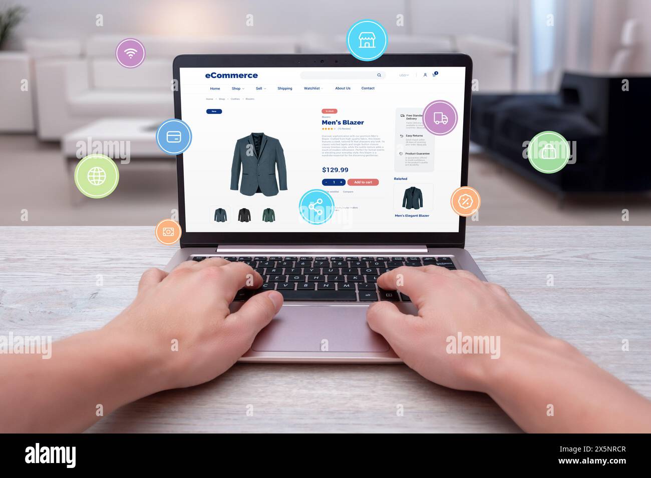 Hands typing on laptop, shopping online for men's blazer with levitating shopping icons. Modern concept of digital shopping convenience Stock Photo