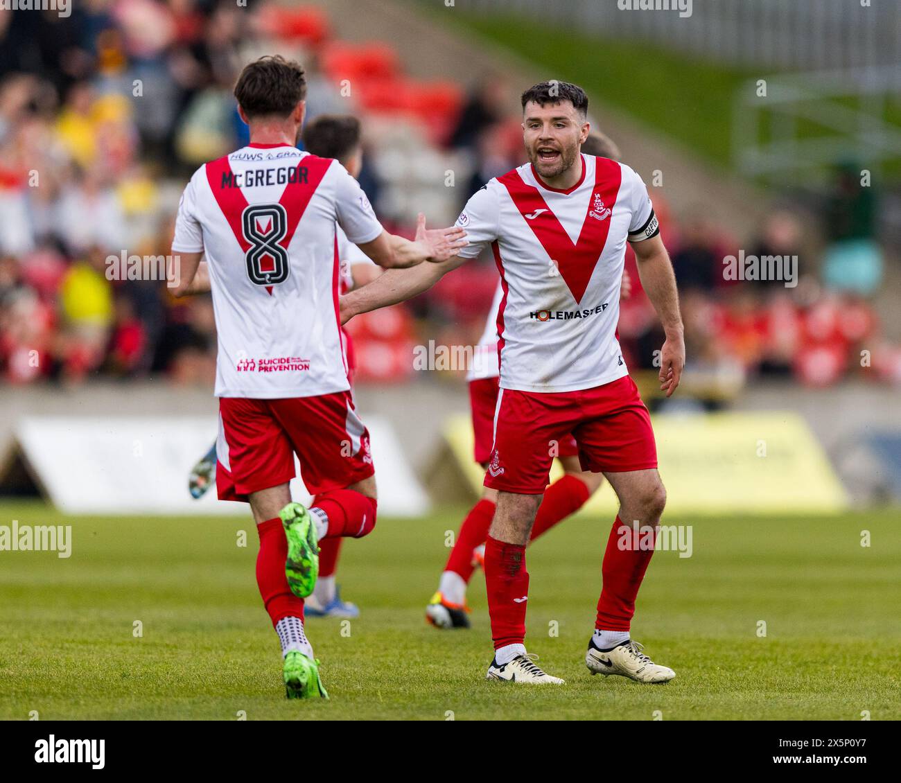 Glasgow, Scotland. 10 May 2024.  Airdrie celebrate pulling a goal back via Arron Lyall (24 - Airdrieonians)   Credit: Raymond Davies / Alamy Live News Stock Photo