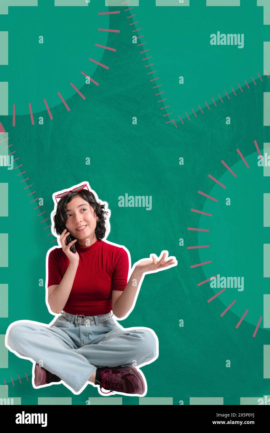 Young girl is sitting, she is talking on the phone making expressions, very colorful green background, ideal for social media banner. copy space Stock Photo