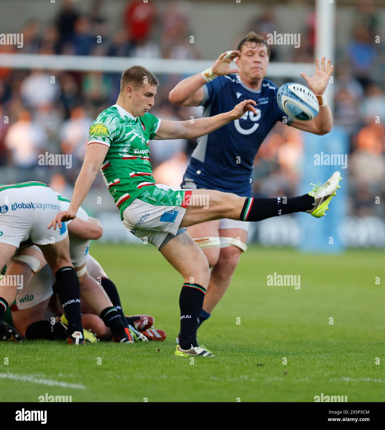 Salford, UK. 10th May, 2024. 10th May 2024; Salford Community Stadium, Salford, Lancashire, England; Gallagher Premiership Rugby, Sale Sharks versus Leicester Tigers;  Jack van Poortvliet of Leicester Tigers kicks clear Credit: Action Plus Sports Images/Alamy Live News Stock Photo