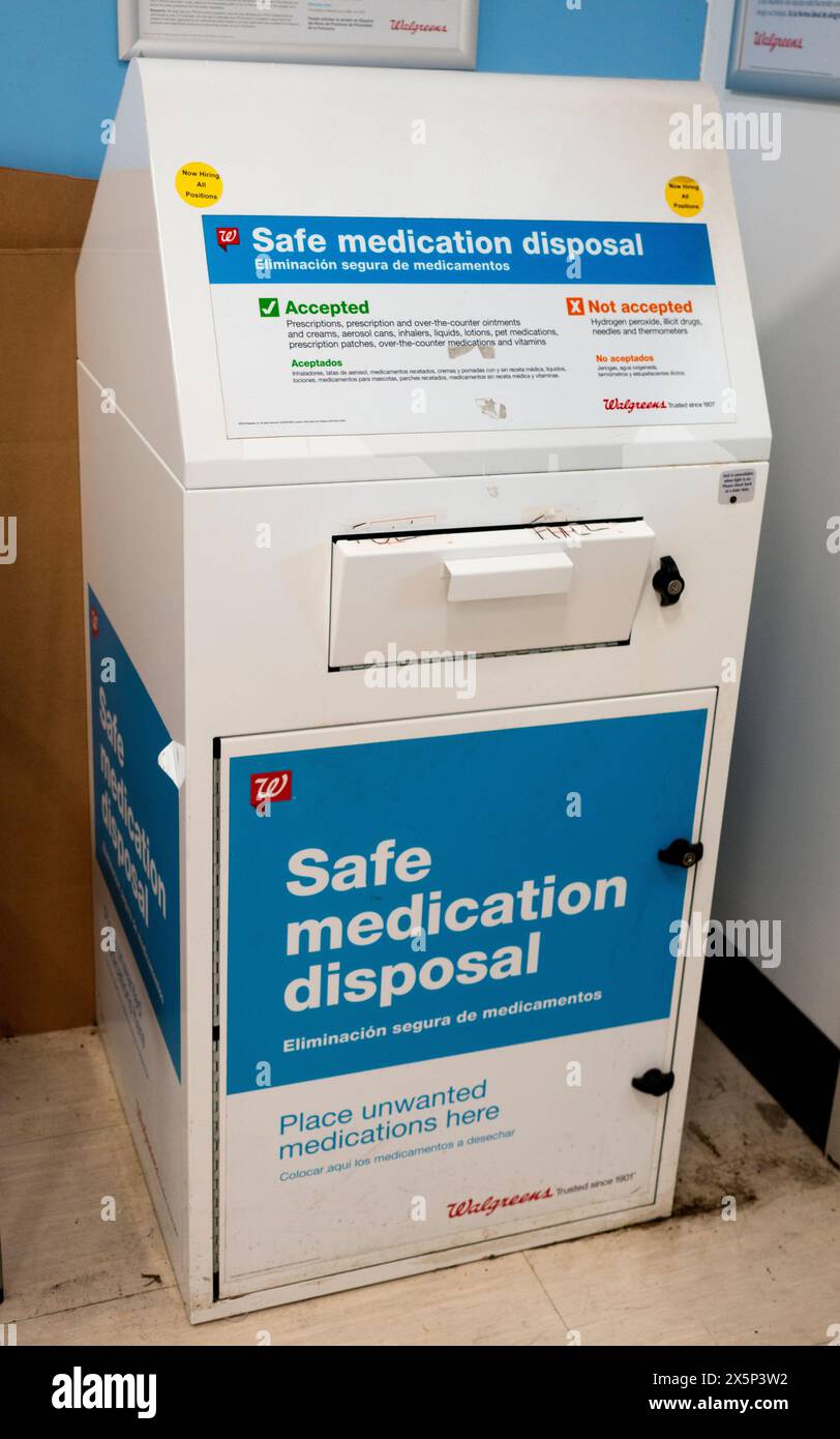 Safe container for medication disposal found in Walgreens Drugstore. St Paul Minnesota MN USA Stock Photo