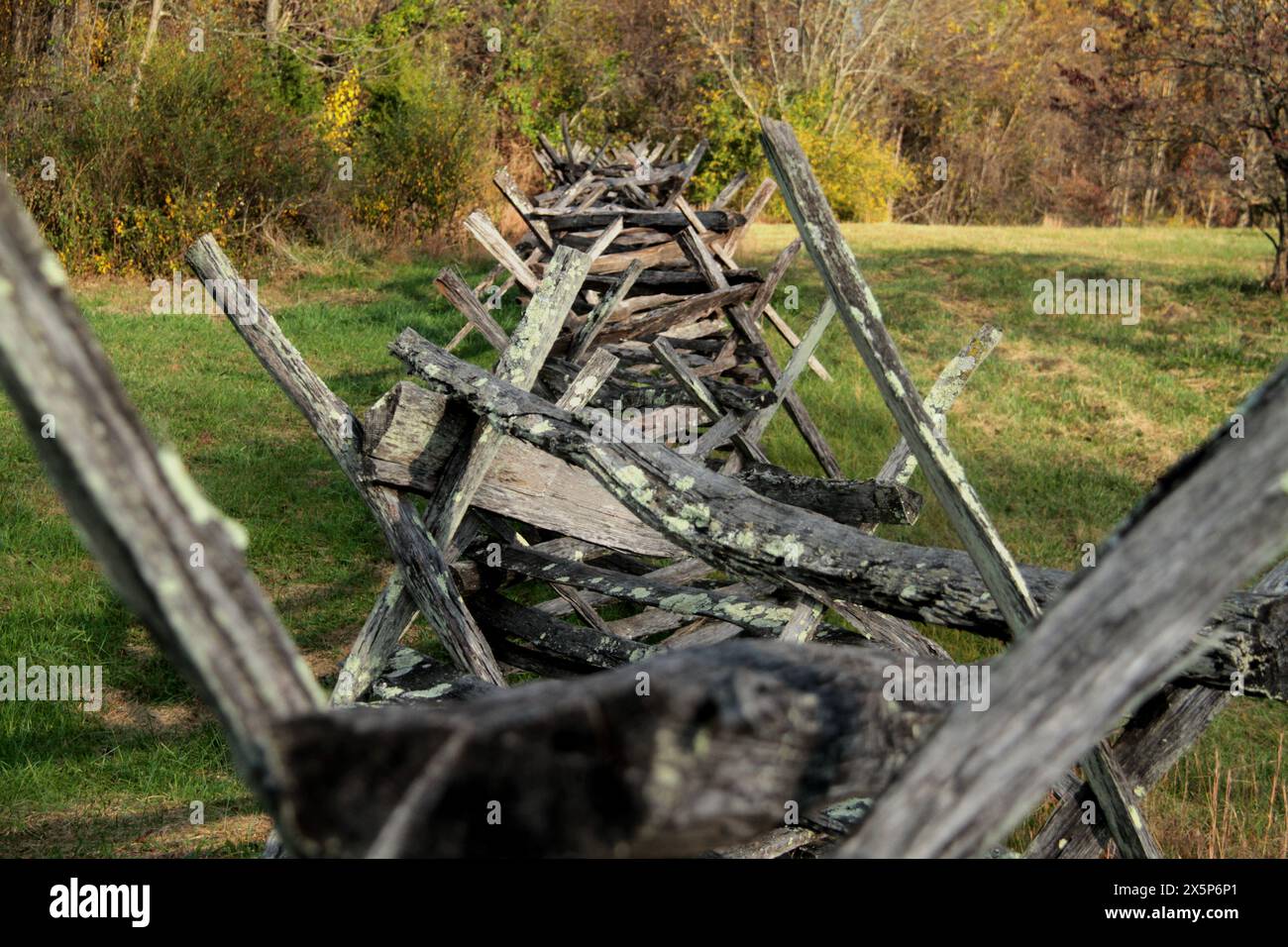 A buck-and-rail fence in Virginia, U.S.A. Stock Photo
