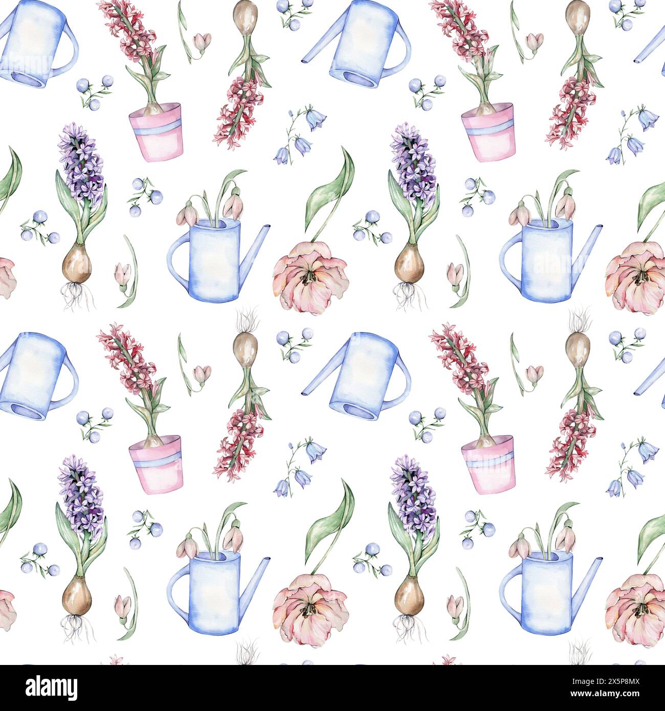 Seamless pattern with watercolor flowers and watering pots Stock Photo ...