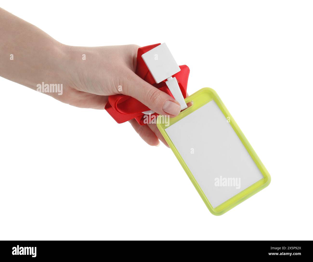 Woman holding blank badge with string on white background Stock Photo ...