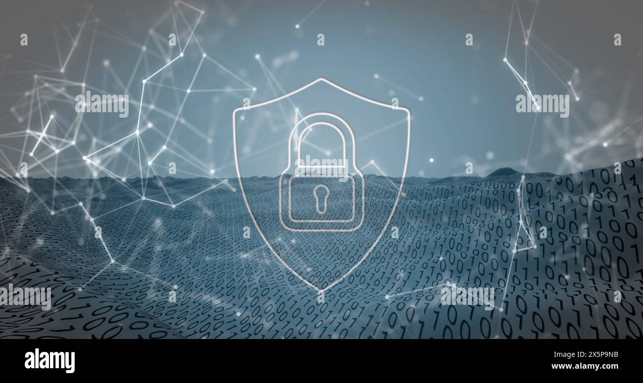 Image of security padlock and network of connections against binary coding over digital wave Stock Photo
