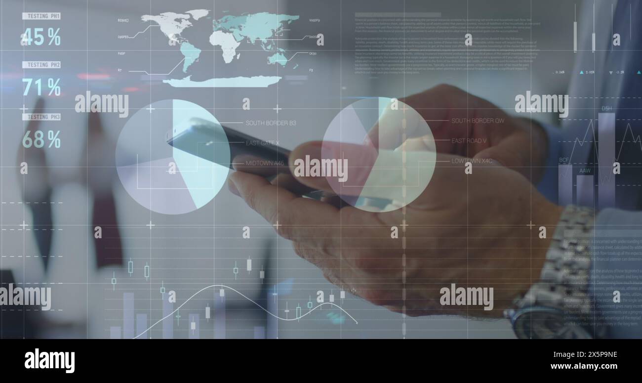 Statistical data processing against mid section of a businessman using smartphone Stock Photo