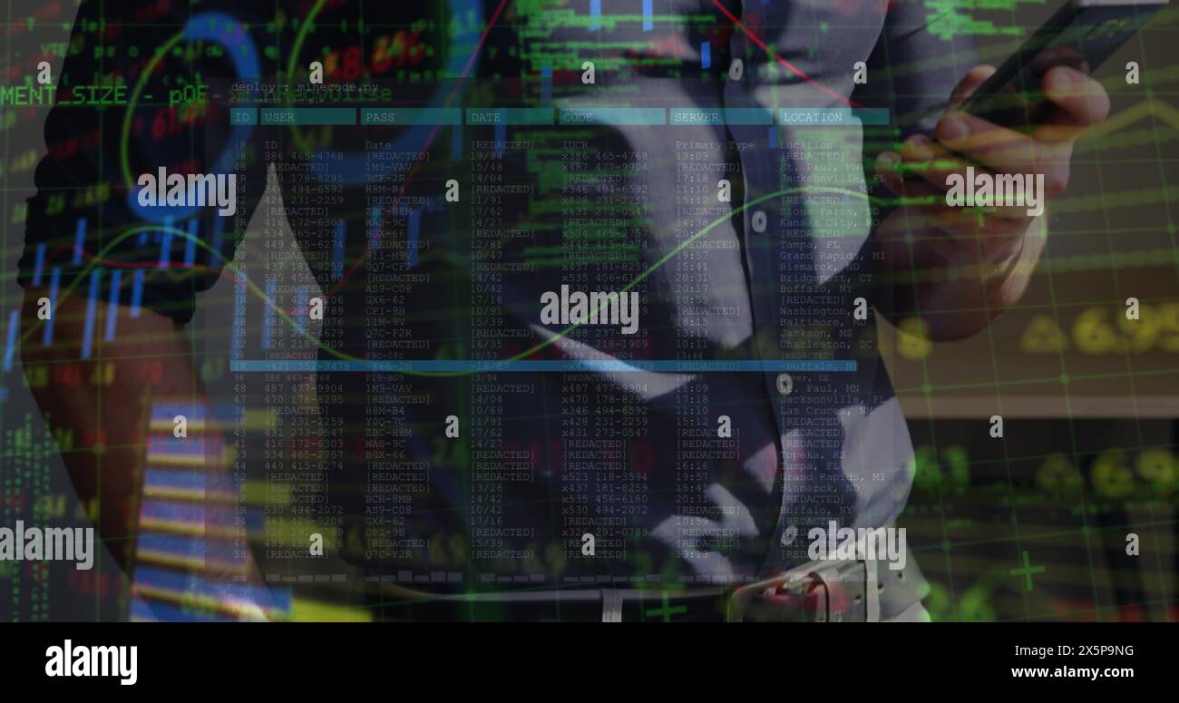 Financial data processing against mid section of a man using smartphone Stock Photo