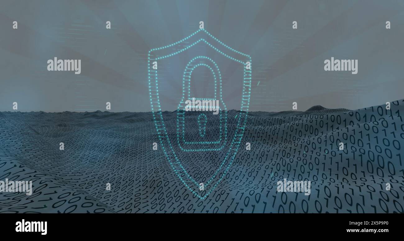 Image of light spot over security padlock icon against binary coding over digital wave Stock Photo