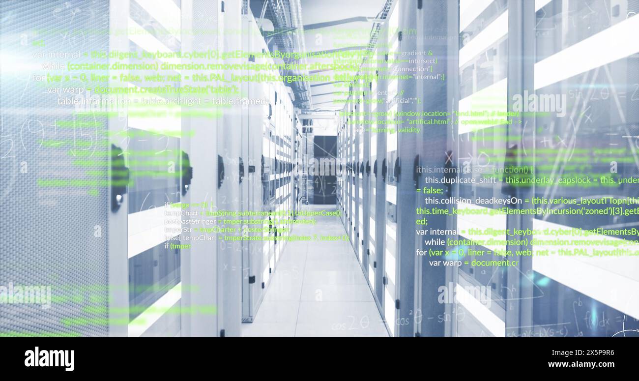 Image of data processing and mathematical equations against empty computer server room Stock Photo
