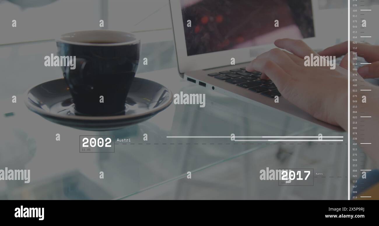 Image of data processing over hands using laptop Stock Photo